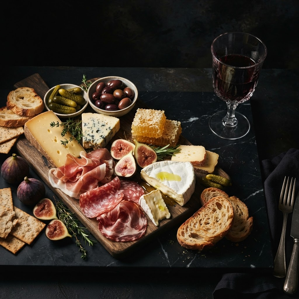 Dark, moody flatlay of gourmet cheese, charcuterie, olive oil and wine on black marble